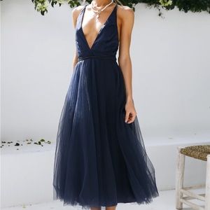 Hello Molly Navy deep v chiffon midi dress